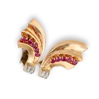 0.70&nbsp;Ct.Tw.Total Carat Weight Reddish Pink Sapphire and Natural Diamond Antique Style Earrings, 14K White & Rose Image